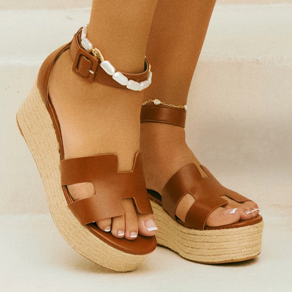 Brown Leather Espadrille Wedges